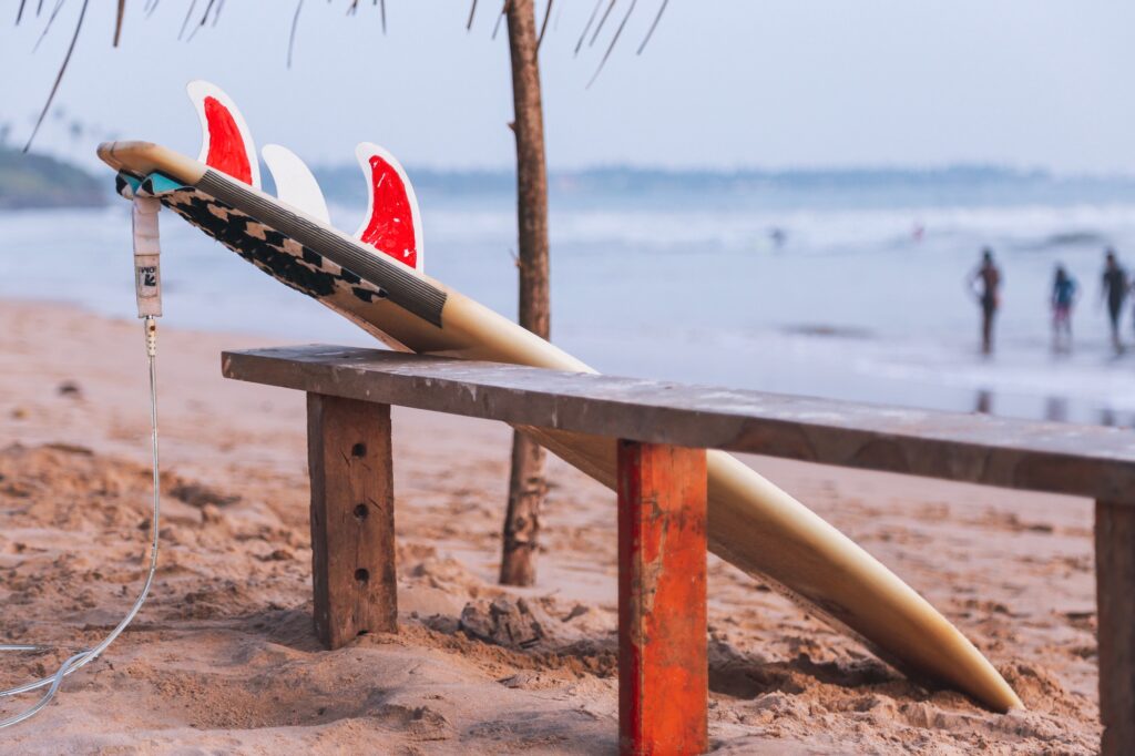 Laid surf ready for sports activities on Sri Lankan beach.