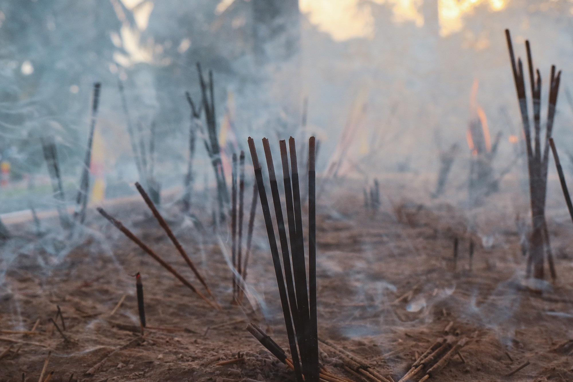 Smoke from incense sticks in a Buddhist temple, Sri Lanka.